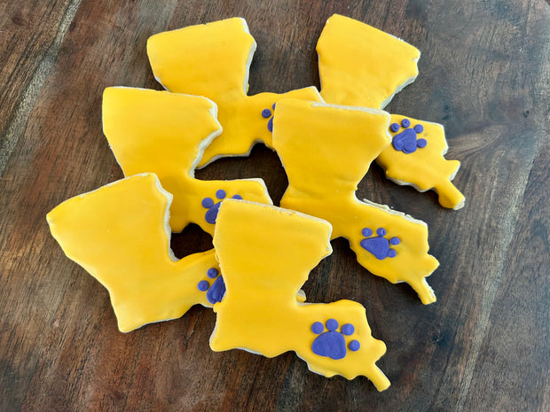 Purple & Gold Louisiana with Paw Print Holiday Cookies- C049